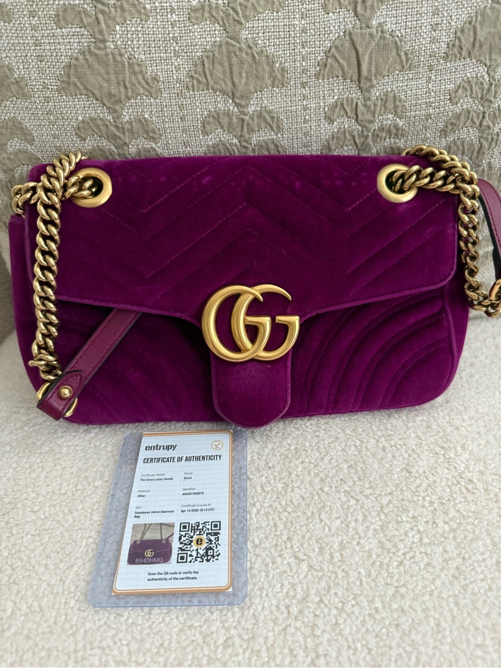 Gucci Velvet Matelasse Small GG Marmont Shoulder Bag Fuchsia Violet